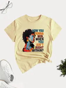 Women's Letter & Silhouette Print Round Neck Fitted Tee, Fashion Casual Crew Neck T-Shirt for Daily Holiday Vacation Outdoor Wear, Ladies Clothes for Summer