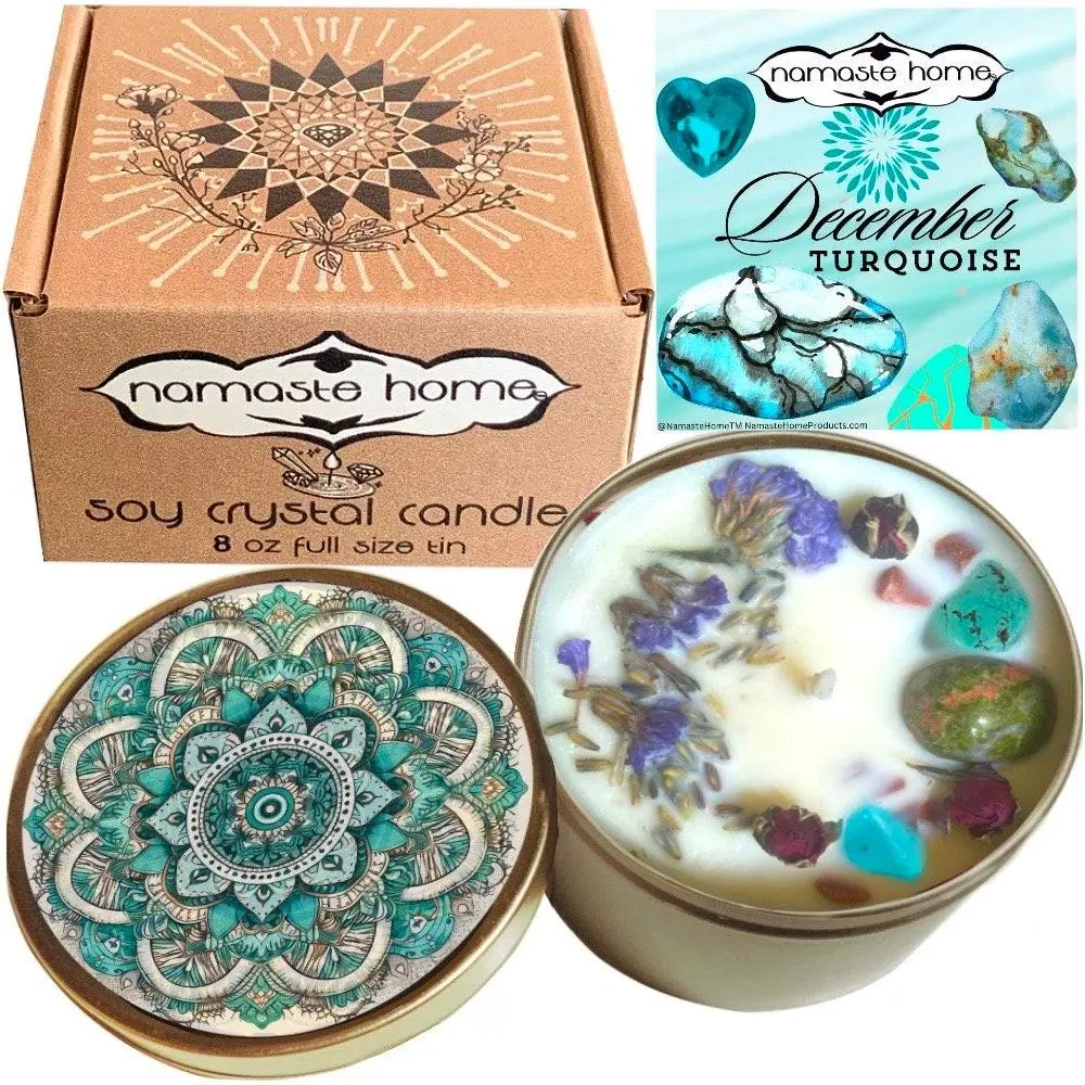 December Birthstone Candle Adorned with Genuine Turquoise, Birthstone Candle, Crystal Candle w/ Rose Buds, December Birthday Candle