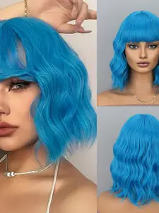 Blue Bob Wigs with Bangs for Women, Short Colorful Wavy Curly Synthetic Wig, Perfect for Cosplay, Halloween, Costume Parties