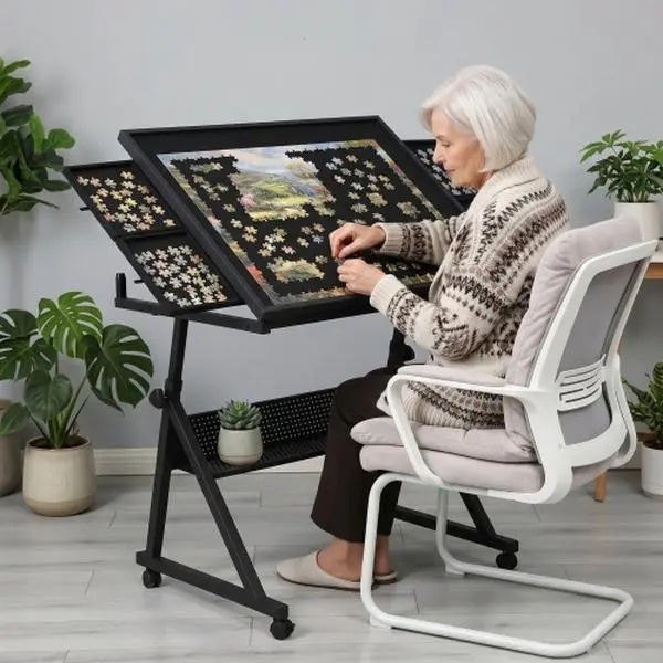 Metal Frame Jigsaw Puzzle Table Board for Adults - 1500-Piece Capacity, 4 Felt Trays, 36 lbs, 11.81x9.84 in, Waterproof Black Height-Adjustable Foldable Melamine Veneer Desk, Living Room Use, Birthday/Anniversary Gift with Large Storage Space