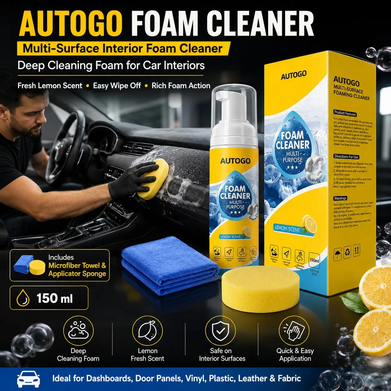 Car Interior Foam Cleaner, Car Care Detailer, No Rinse, Dashboard Leather Seat Shoe Stain Remover, Neutral Formula, Safe for Original Material