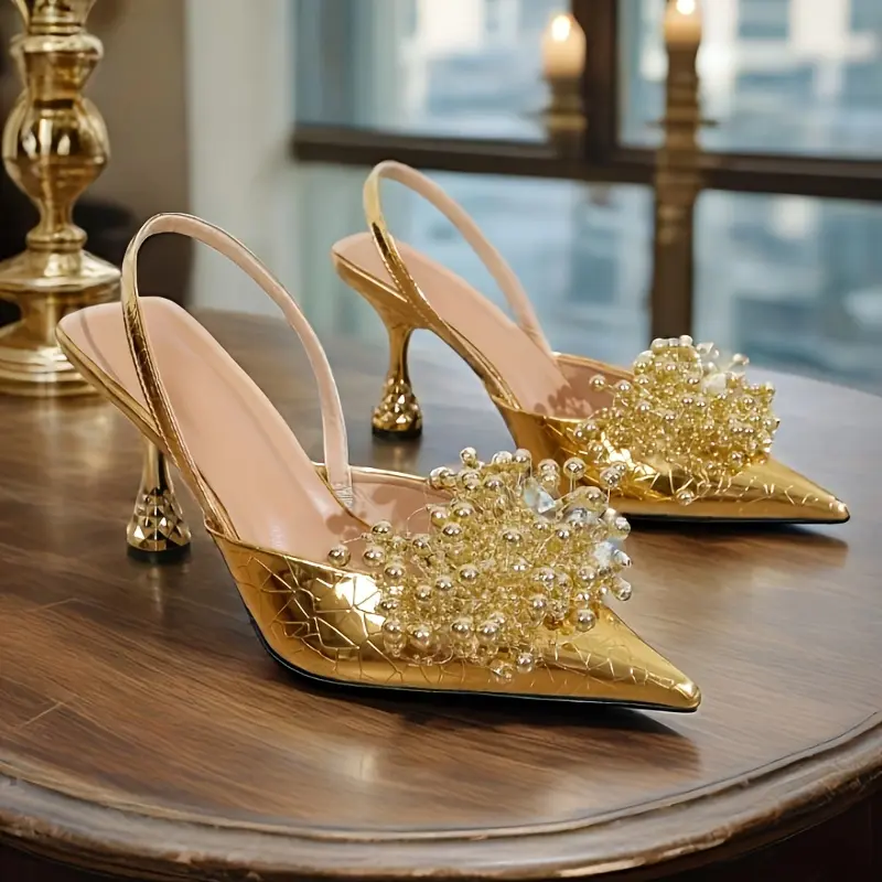 Elegance Women's Gold Beaded and Rhinestone Pointed Toe Stiletto Sandals - Ankle Strap High Heels for Weddings, Evening Parties, and Formal Events, Formal Event Footwear |   Floral Pattern Shoes |   Synthetic Covered Shoes, Formal Shoes