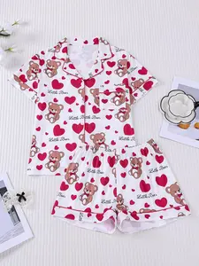 2pcs Valentine's Teddy Bear Heart Print Fitted Pajama Set - Sweet Romantic Button Pjs with Pocket - Cozy Women's Loungewear/Sleepwear for V-Day Celebrations & Gifts