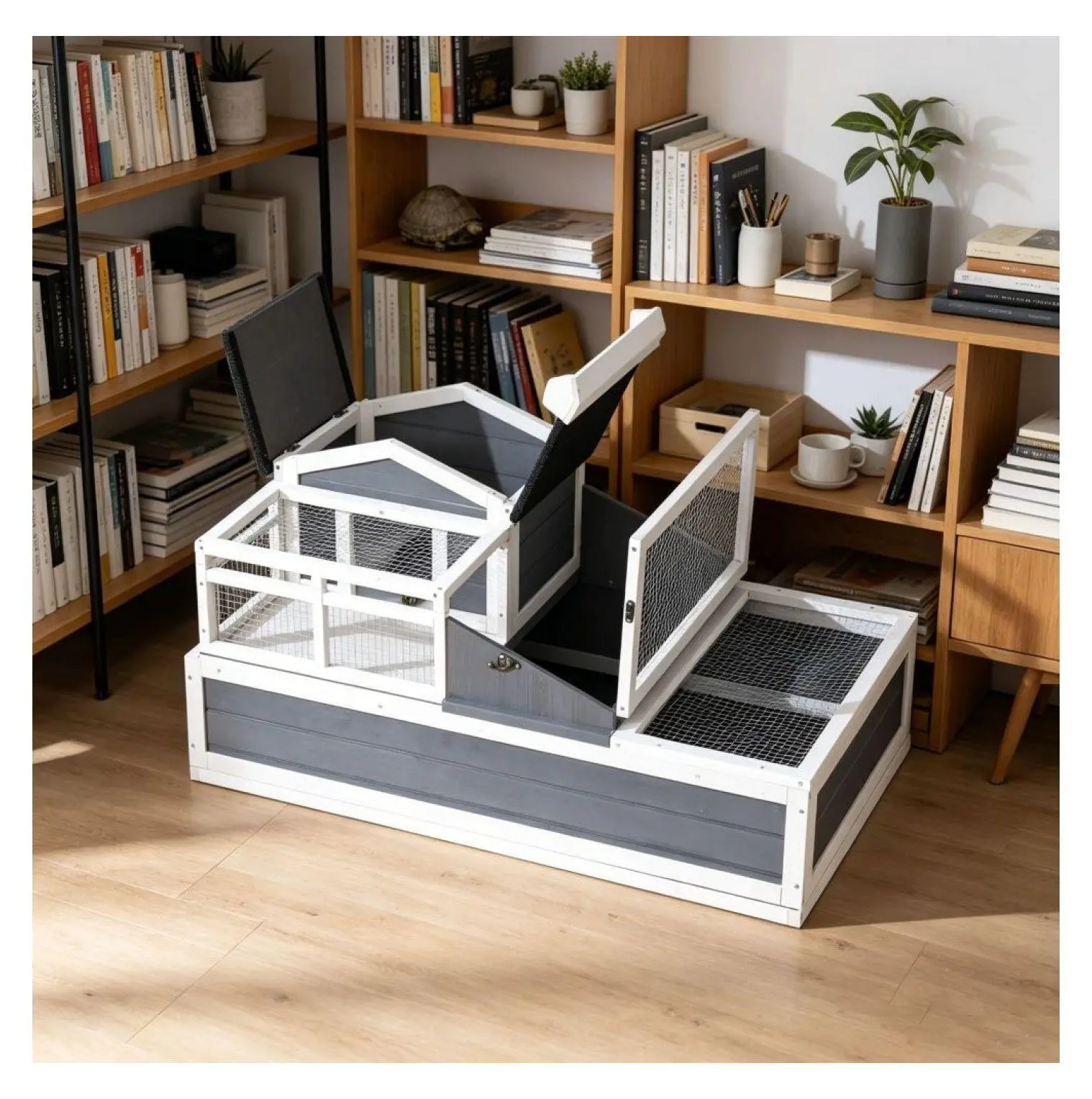 Double-Level Cedar Wood Tortoise Enclosure, Waterproof Reptile Shelter with Ramps, Multi-Use Pet Enclosures for Tortoises, Reptile Enclosure, Easy Cleaning