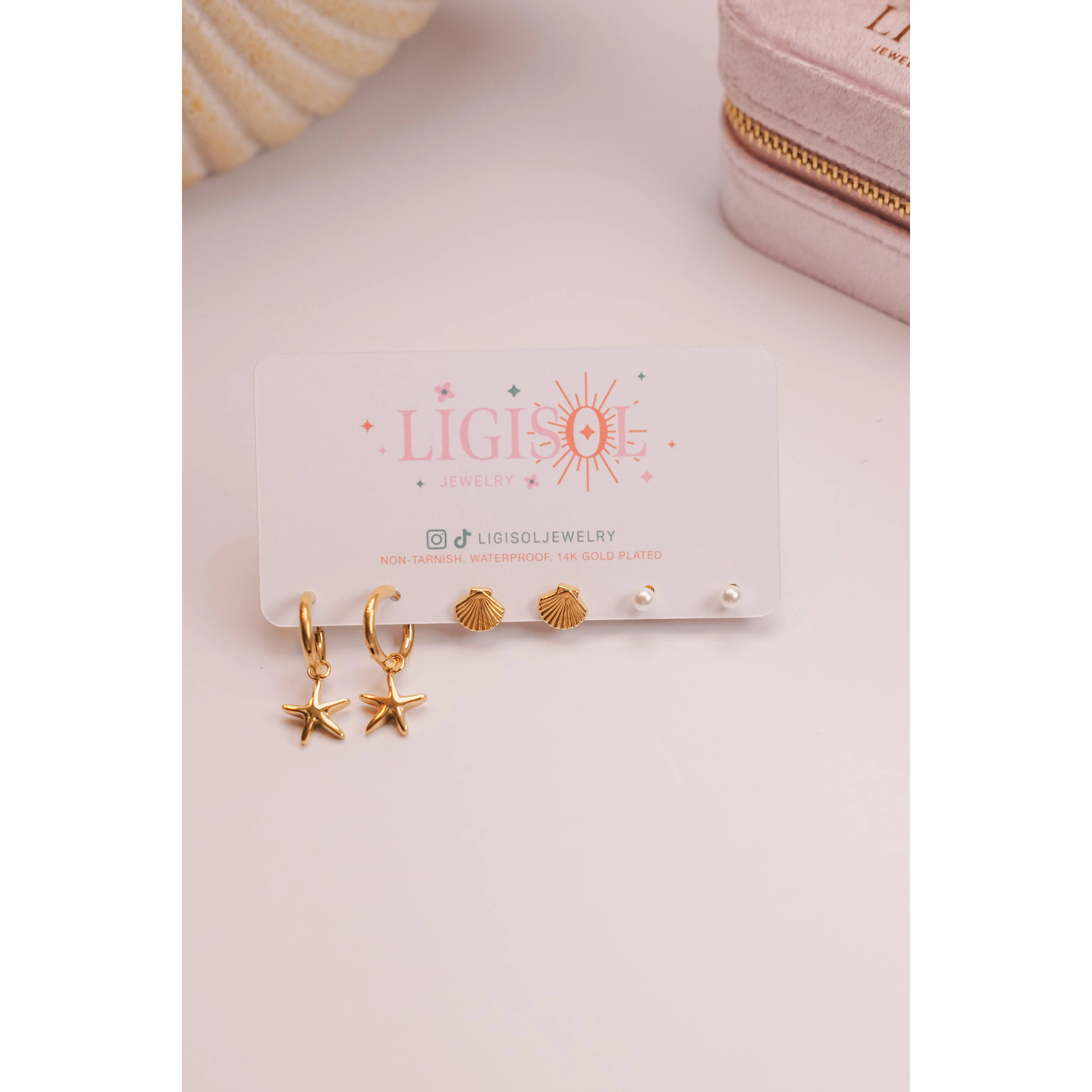 Gold Coastal Earring Set | Starfish Hoops, Shell Studs & Pearl Studs | Waterproof Hypoallergenic Stainless Steel
