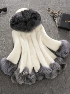 Women's Faux Fur Coat, Mid-Length Jacket with Fox & Mink Collar, Thick Woven Fabric, Warm & Soft, Perfect for Fall Winter