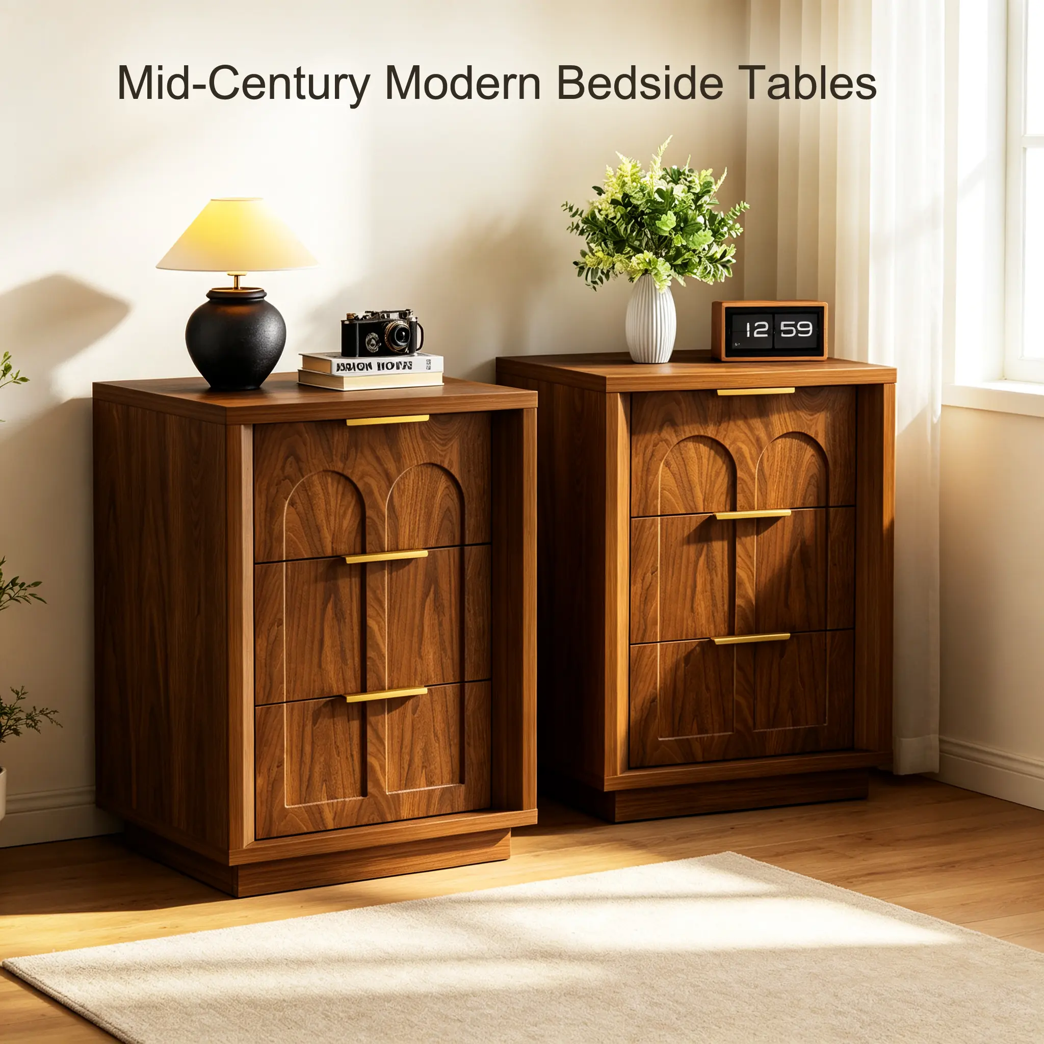 2-Pack Nightstands with Arched 3-Drawer Storage & Gold Handles, Mid-Century Modern Bedside  for Bedroom/Living Room, Walnut charger station cabinet  side table wooden home decor furniture solid wood