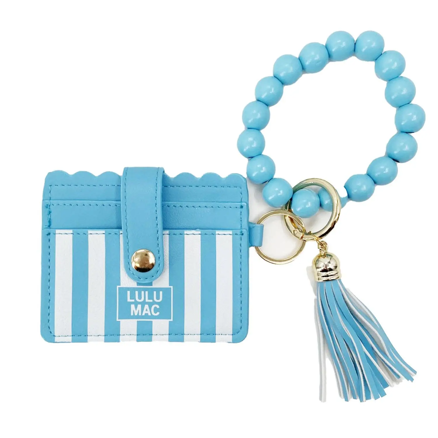 Girlie Girl Originals LM-7311 Women's Beaded Wristlet ID Wallet, Blue Stripe Darby, Tassel Accent, Key Ring