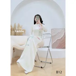 Sen trang  Ao Dai Theu B12 | Ao Dai for Women| Lunar New Year | Ao Dai Viet Nam