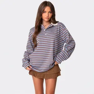 New retro classic college contrast color striped pullover long sleeve pure cotton POLO shirt tops for women