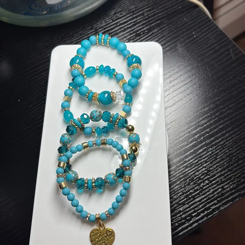 4-Piece Turquoise Blue Beaded Bracelet Set for Women | Stretch Stack Bracelets