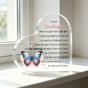 To My Granddaughter Gifts Heart Acrylic Keepsake Plaque Inspirational Butterfly Desk Decor Decorative Sign Birthday Graduation Commemorative Token from Grandma summerwins