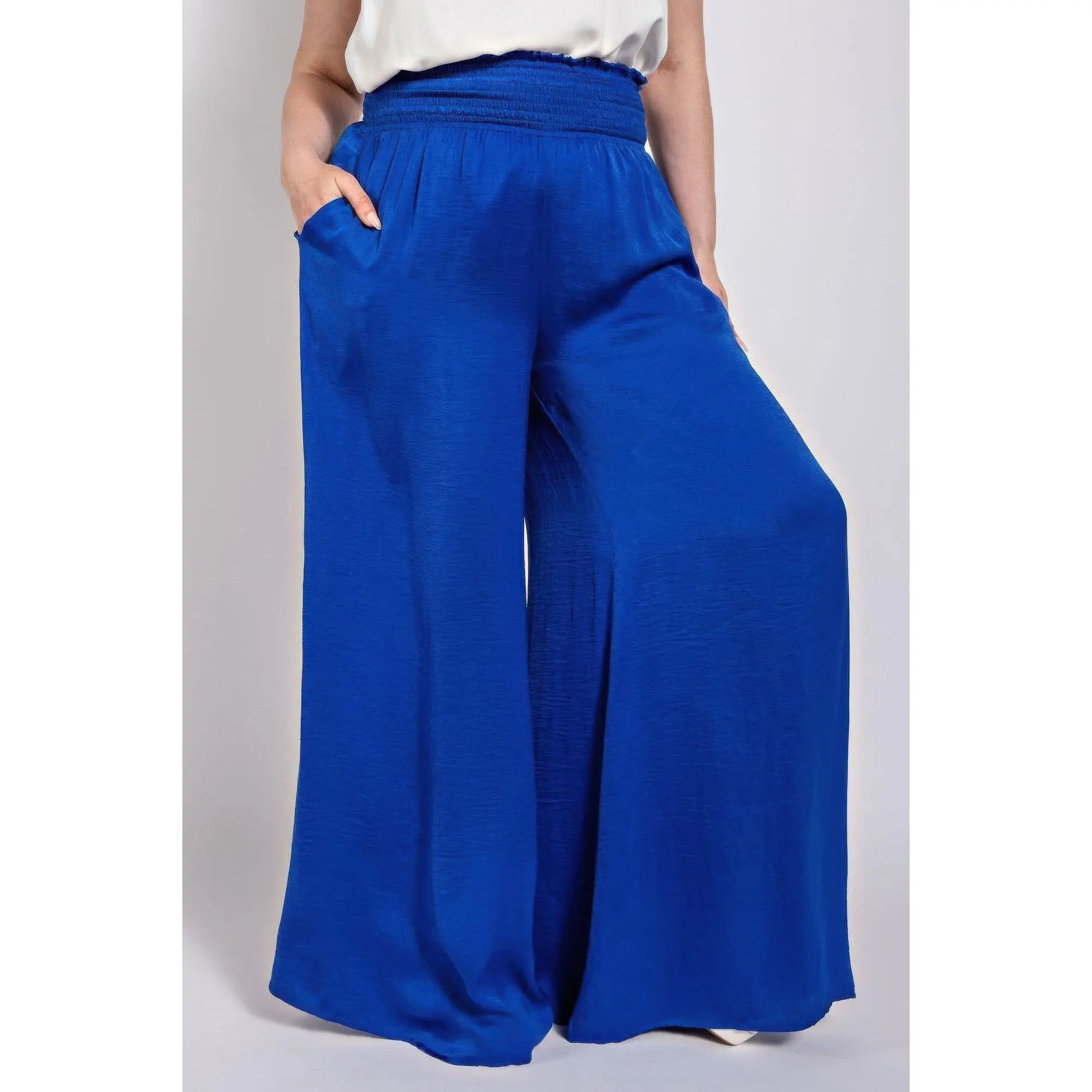Washed Satin Wide Pants With Waist Smocked