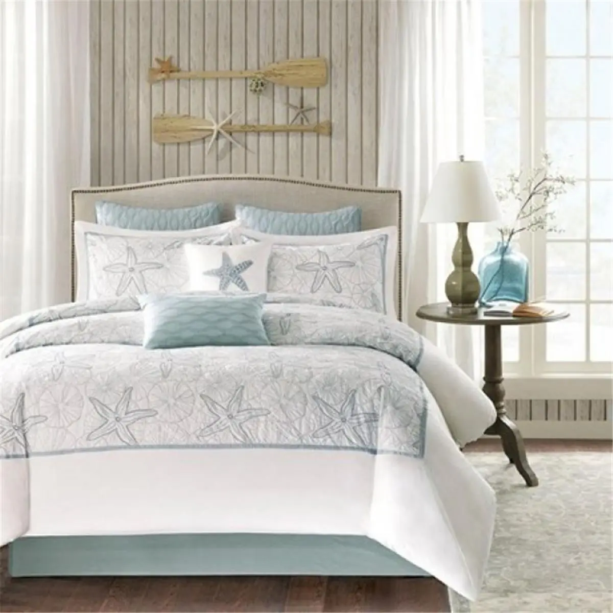 Harbor House Full Size Reptile & Amphibian 4-Piece Cotton Fiber Embroidery Comforter Set - White, Soft Calming Beach Themed Bedroom Decor, Seafoam Blue Accents