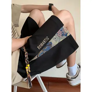 Men's Summer Fashion, Retro Style Toy Bear Pattern And ROMANTIC Letter Embroidery Patchwork Leisure Shorts, Stylish And Trendy Drawstring Shorts For Daily Outerwear
