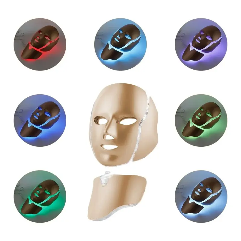 7 Color LED Light Therapy Mask with Neck Care, Photon Therapy 7 Colors LED Face Mask, Facial Beauty Device, 7 Modes LED Face Mask
