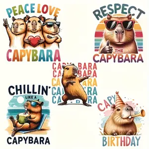 Capybara Iron-On Transfers, 5-Piece Set, Funny Animal Designs, Peace Signs, Fashion Glasses, Party Hats, Mixed Colors