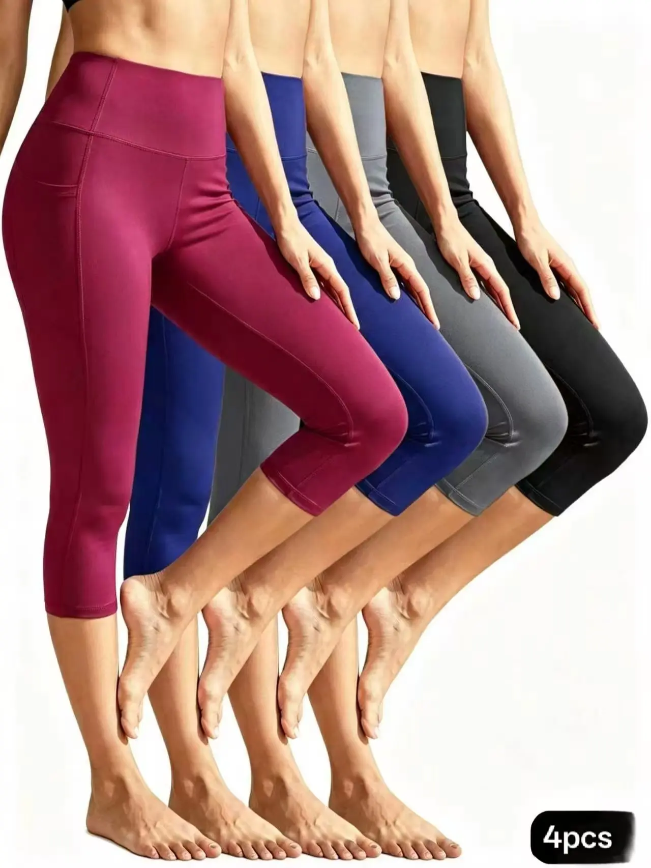 Spring Summer Plus Size Friendly 4 Pack Women Workout Capri Pants High Rise Non See-Through Quick Dry Hiking Cycling Fitness Capris with Large Side Pockets leggings legs ribbed aligns