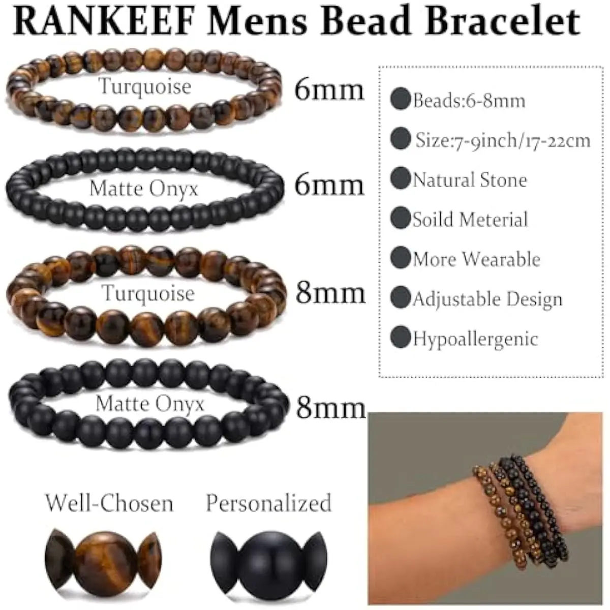 Mens Bead Bracelet Set - Adjustable Elastic Rope With 6&8MM Natural Stone Multi-Colored Beads - Tiger Eye Bracelets for Men - Gift Mens Bead Bracelet Set - Adjustable Elastic Rope With 6&8MM Natural Stone Multi-Colored Beads - Tiger Eye Bracelets for Men - Gift