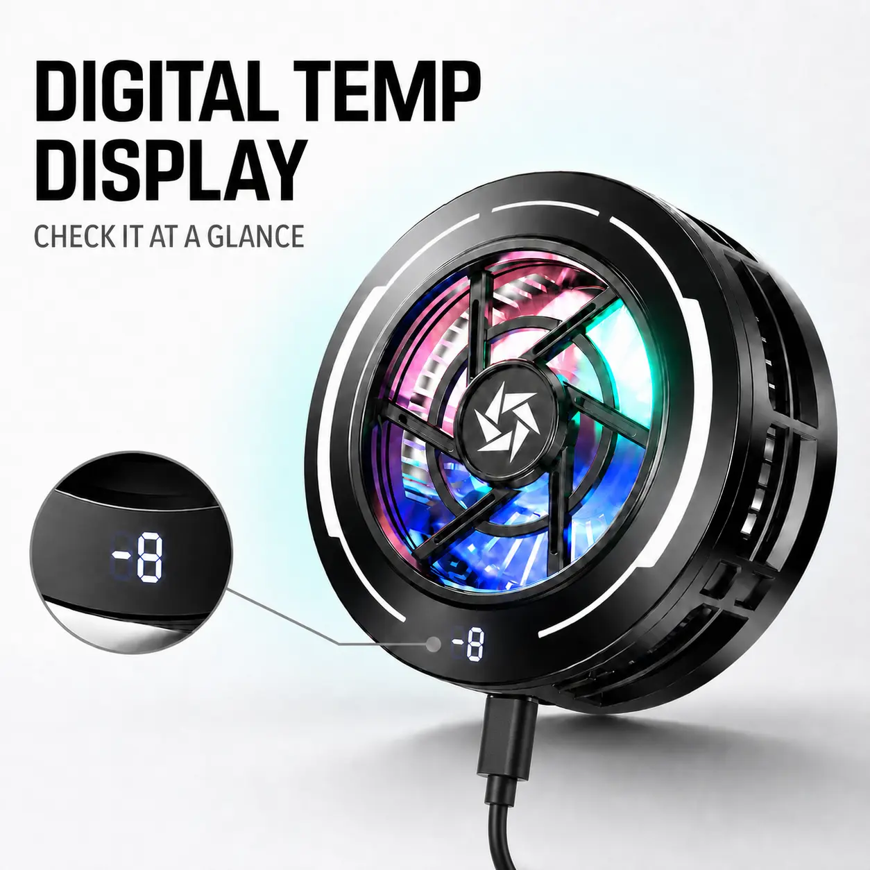 RGB Magnetic Mobile Phone Cooler, Gaming-Compatible with Smart Temperature Control, Digital Display, Low Noise for iPhone, Android & iPad