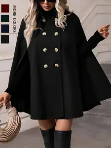 Women's Fashionable Plain Color Double Button Split Batwing Sleeve Cape Coat, Stylish Outerwear Jacket for Casual Wear