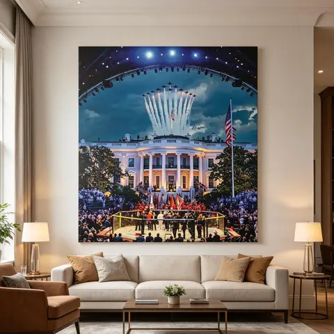 White House Flyover MMA 1-Piece Vertical Matte Print - Artistic Military Statement Decoration, Fight Night 250 USA Flag Design, UFC-Style Cage Canvas, Historic Scene, Mens Room Home Decor (Frame Not Included)