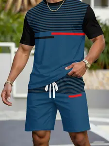 Men's Casual Sport Set, Striped Patchwork Short Sleeve T-Shirt + Shorts, Summer Beach Fitness, Two-Piece Set
