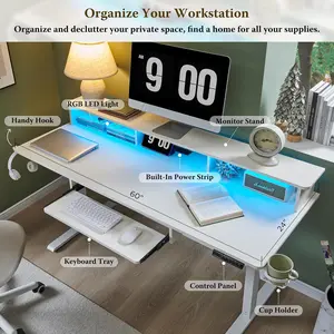 RedLemon 60Inch Gaming Desk, Electric Standing Desk with Height Adjustable, Power Outlets, LED Lights, Keyboard Tray, and Monitor Shelf, Stand Up Computer, White