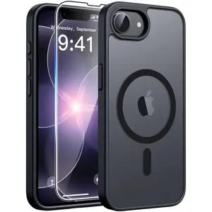 Compatible with iPhone 16e Case for MagSafe with Screen Protector, Matte Translucent Shockproof Phone Case, Military Grade Drop Protection Slim Protective Cover for iPhone 16e 2025 – Black