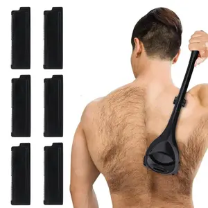 Men's Back Shaver with 6 Blades, 1 Count Body Hair Trimmer Foldable Long Handle Manual Hair Removal Tool, Handheld Body Shaver, Body Hair Grooming Tool for Men