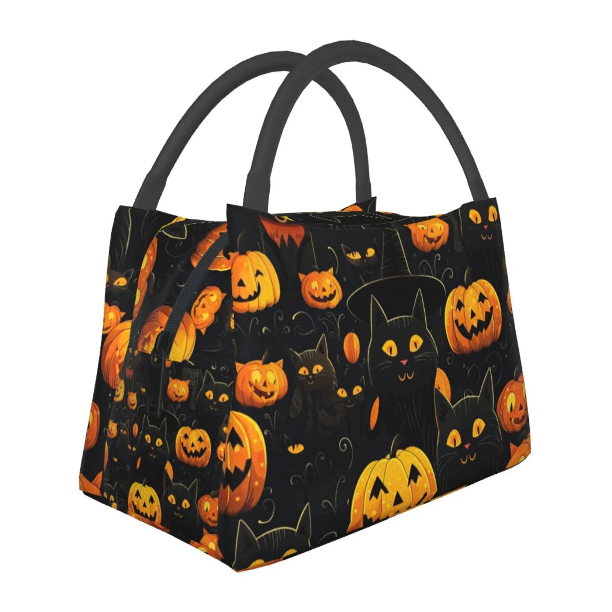 Reusable Insulated Lunch Bag with Black Cat Pumpkin Pattern - Home Supplies, Polyester, Dustproof, Leakproof, Portable for Office, Outdoor Camping, School (Home Organizers Storage Bag)