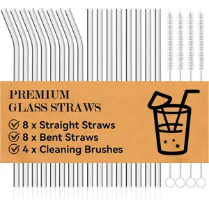 20 Packs Reusable Glass Straws Set, 8.5'' x 10mm Clear Drinking Straws for Smoothies, Shakes, Coffee, Juice, Sodas, Milk, Tea, Cocktails, a Set of 8 Straight and 8 Bent with 4 Cleaning Brushes