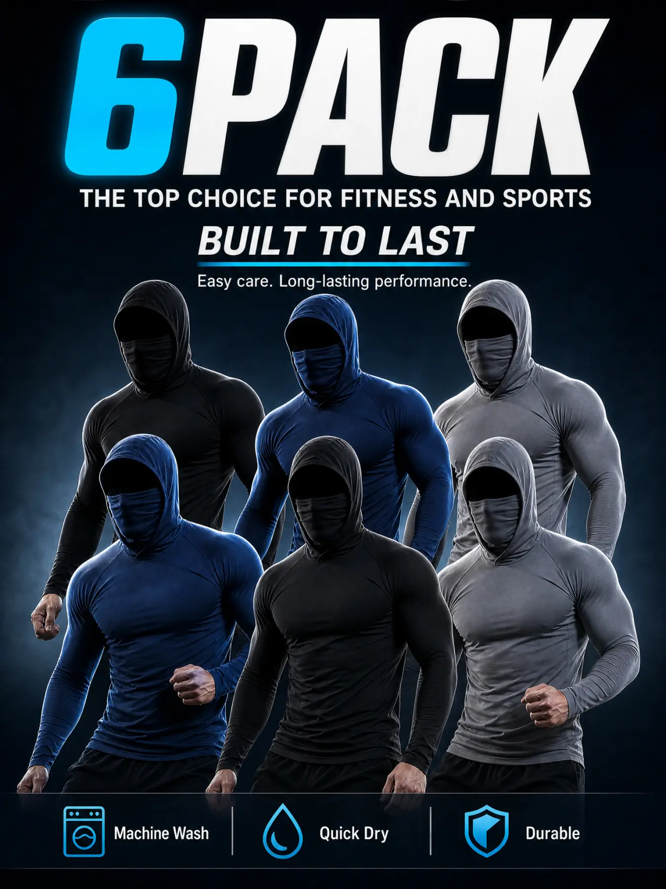 Men's 6-Pack Stretchy Hooded Neck Compression Shirts with Integrated Face Mask, Moisture-Wick Quick-Dry Undershirts, Machine-Washable Wear-Resistant Male Wear Base Layer for Tactical Sports, Weightlifting