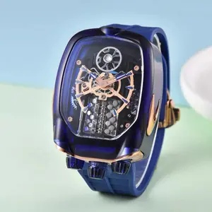 Luxury Tonneau Skeleton Style Men's Quartz Watch Transparent Case with Blue Silicone Strap and Rose Gold Accents