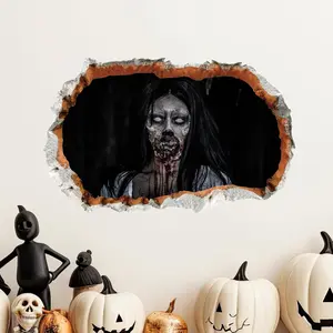23.2×15.7 Inches 3D Halloween Wall Door Decals Horror Women  Long-haired Woman Wall Stickers Removable Halloween Decor Murals Spooky Halloween Wall Stickers for Home Office Party Decors, Style 2