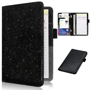 Server Books for Waitress, Cute Waitstaff Organizer Wallet Support with 7 Storage Pockets for Recipes and Guest Check, Leather Waiter Book Fit Server Apron, Black Glitter