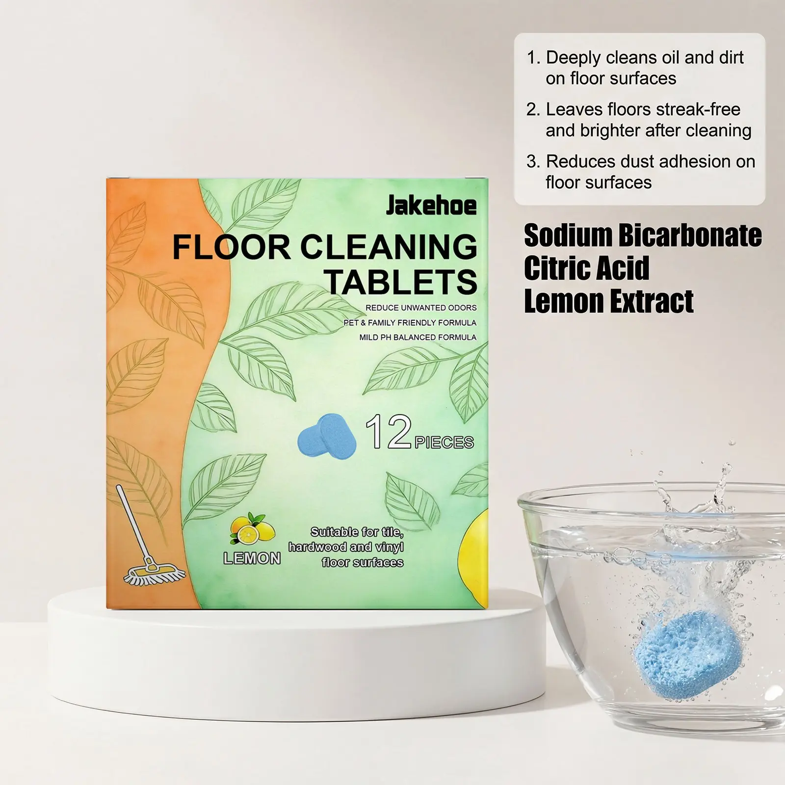 Scented Solid Effervescent Floor Cleaner Tablets (12-Pack, Lemon Scent, 2-Month Supply) - Pre-Portioned Household All-Surface Cleaner for Tile, Hardwood, Stain Removal, Odor Elimination, Shiny Surfaces
