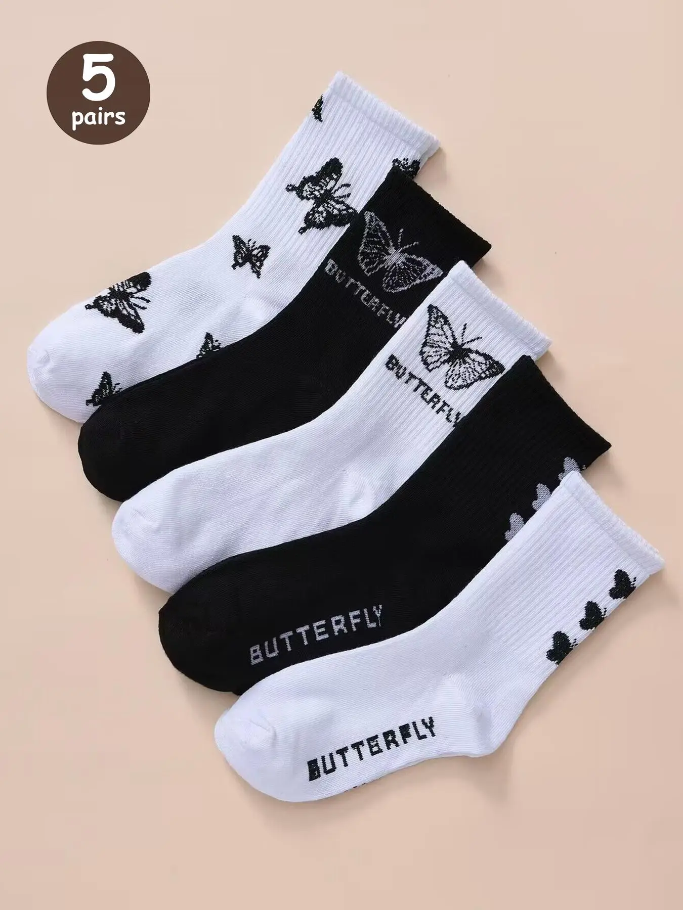 Women's Butterfly Print Crew Socks Set, Fashion Casual Cozy Letter Graphic Midi Crew Socks, Everyday All Seasons