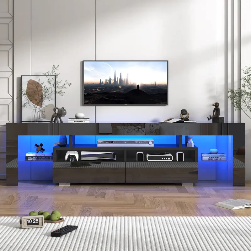 TV Stand with 16 Color LED Lights, Media Console with Drawer and Glass Open Shelf for 65/75/85/90/100 inch TV, Modern Gloss Entertainment Center for Living Room, Black/white