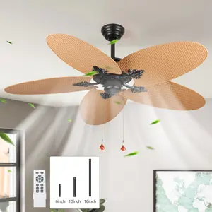 Garwarm 52 Inch Flush Mount Ceiling Fan No Light, Pull Chain,5 Palm Leaf Blades, Ceiling Fans for Bedroom, Living Room, Dining Room, Children’s Room, Study