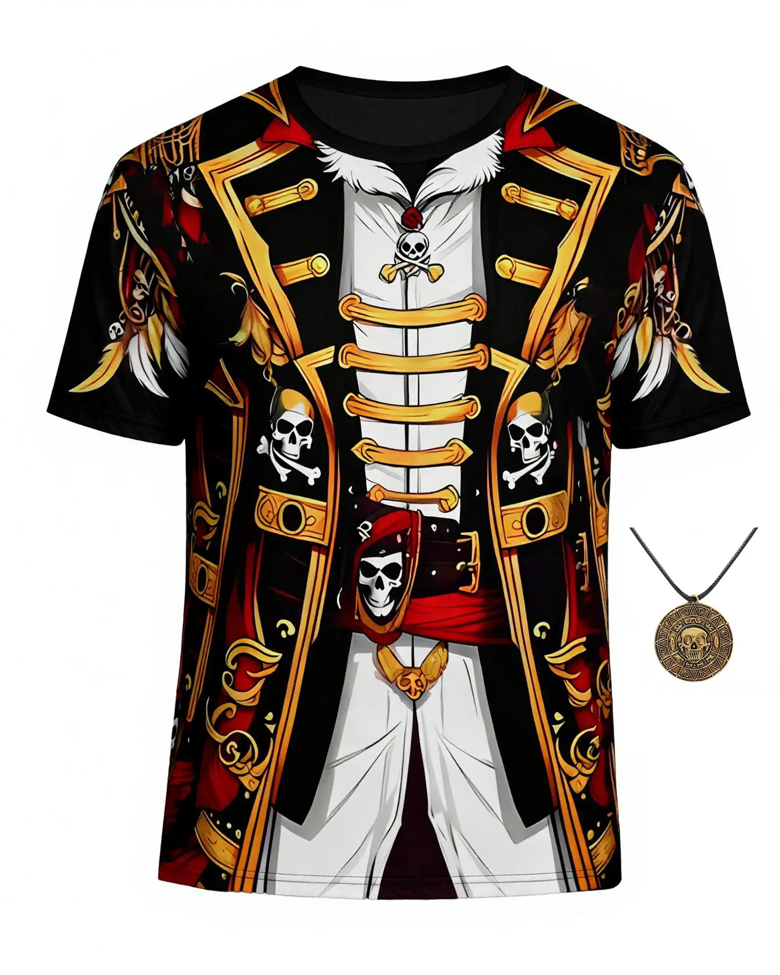 Men Pirate Captain Costume Set Adults Funny 3D Print T-Shirt with Skull Coin Necklace, Pirate Uniform Graphic Novelty Clothing Short Sleeve Tee for Halloween Cosplay Party