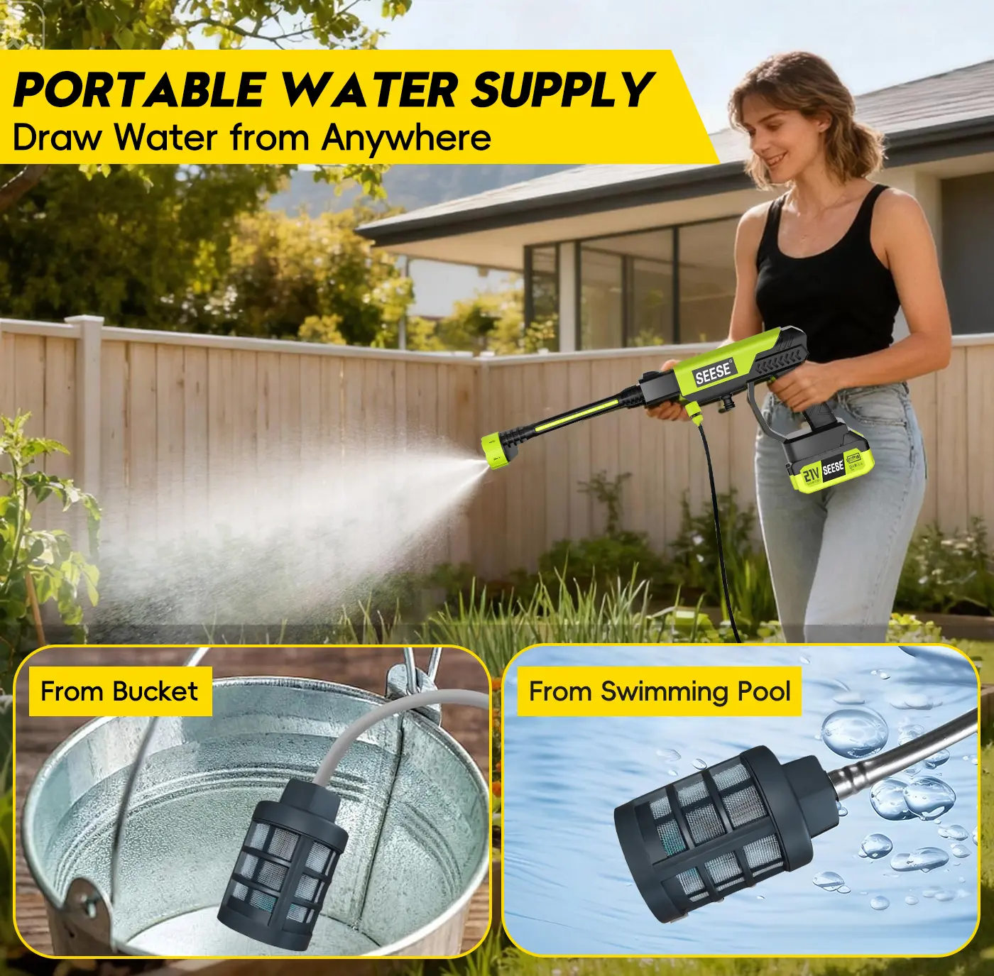Cordless pressure washer drawing water from bucket or pool