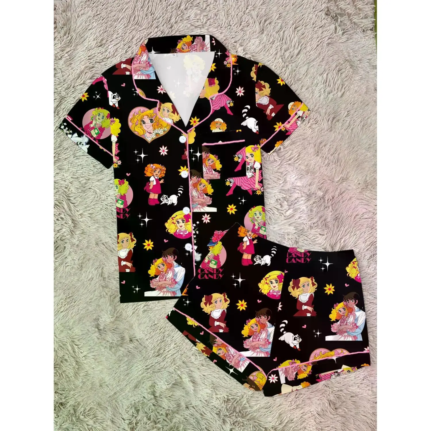 Anime Print Women's Pajama Set - Chic Cartoon Girl Sleepwear with Short Sleeve Button-Up Top and Elastic Shorts, Comfortable Loungewear Home Gift
