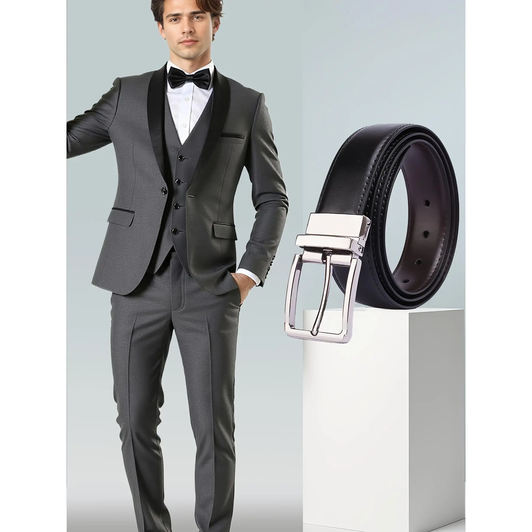 Mens Tuxedo Slim Fit Wedding Suits for Groom Groomsmen, Dinner Jacket Vest Pants Body Smooth Buckle Belt Set for Men, 4pcs Slim Fit Suit Elegant Classic Business Meeting Prom Dail