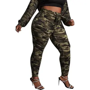 Women's Plus Size Camo Print Tie Front Stretch Skinny Long Pants