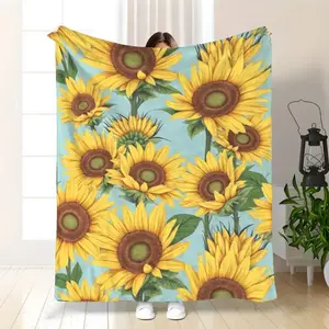 Sunflower pattern fleece blanket | Blue-green background, yellow flowers and green leaf patterns, 280, polyester fiber, suitable for all seasons, multi-functional use.