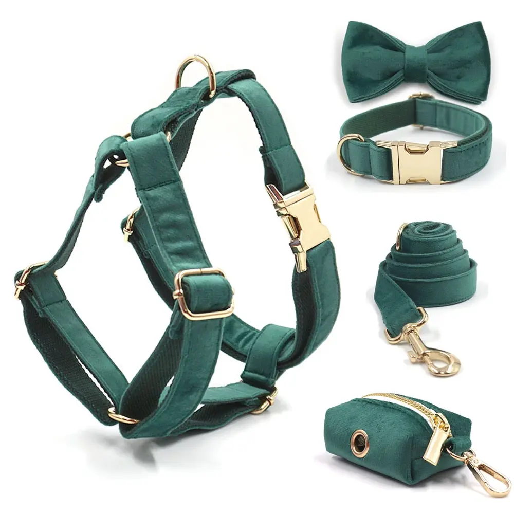 Kelly Green Velvet Collar, Harness, Bow/Bowtie, Leash, and Waste Bag Holder Kelly Green Velvet Collar, Harness, Bow/Bowtie, Leash, and Waste Bag Holder