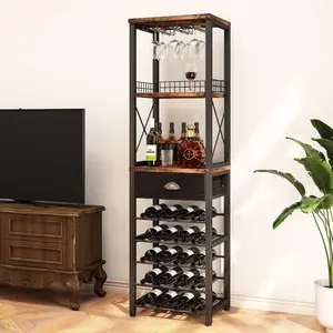 Wine Rack Freestanding Floor, Bar Cabinet for Liquor and Glasses, 5-Tier bar Cabinet with Tabletop, Glass Holder, Storage Drawer and Wine Storage for Living Room