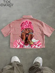 Men's Plaid Loose Short Sleeve Open Front Casual Style Shirt, Hustle for the Dream Graphic Print, Light Summer Streetwear, Hip Hop Style, Menswear