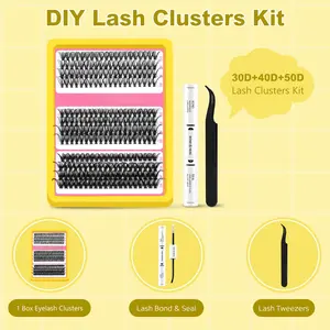 Lash Clusters Kit Eyelash Extension 30D 40D 50D Individual Lashes 12-18mm Mixed Natural Extensions with Bond & Seal DIY Cluster Kit